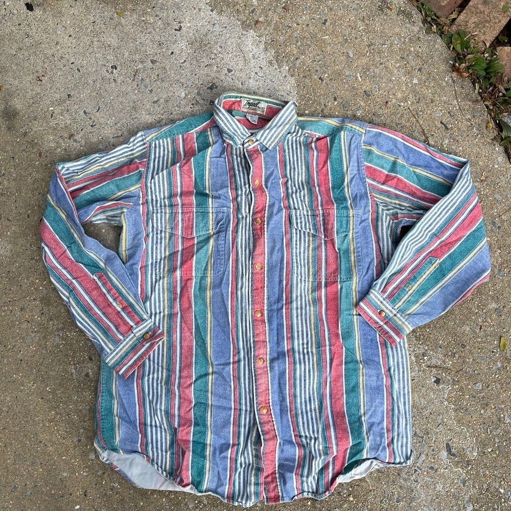 Vintage Impact Men Multi Color Vertical Stripe Cotton Button Down Shirt XLT Tall